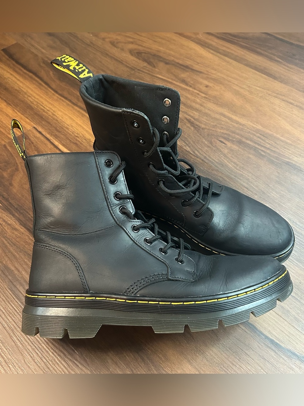 Worn once! Dr. Martens Black Leather Lace-Up 1460 Boots with Yellow Stitching